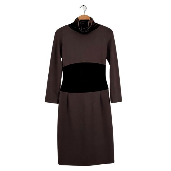 Bigoschi Chocolate Brown Ponte and Velvet Long Sleeve Turtleneck Sleek Dress med - Picture 1 of 7